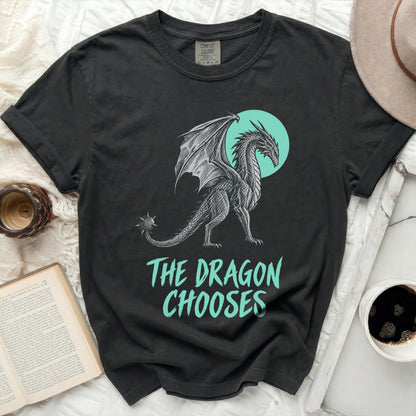 Charcoal t-shirt with a drawing of a dragon and "The Dragon Chooses" text.