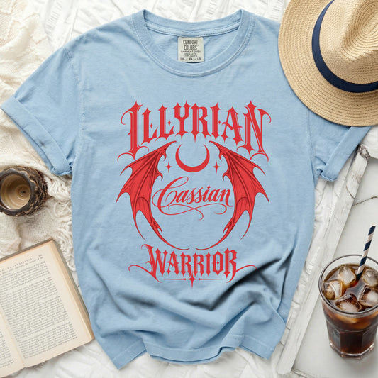 Light blue t-shirt with red "ILLYRIAN Cassian WARRIOR" graphic.