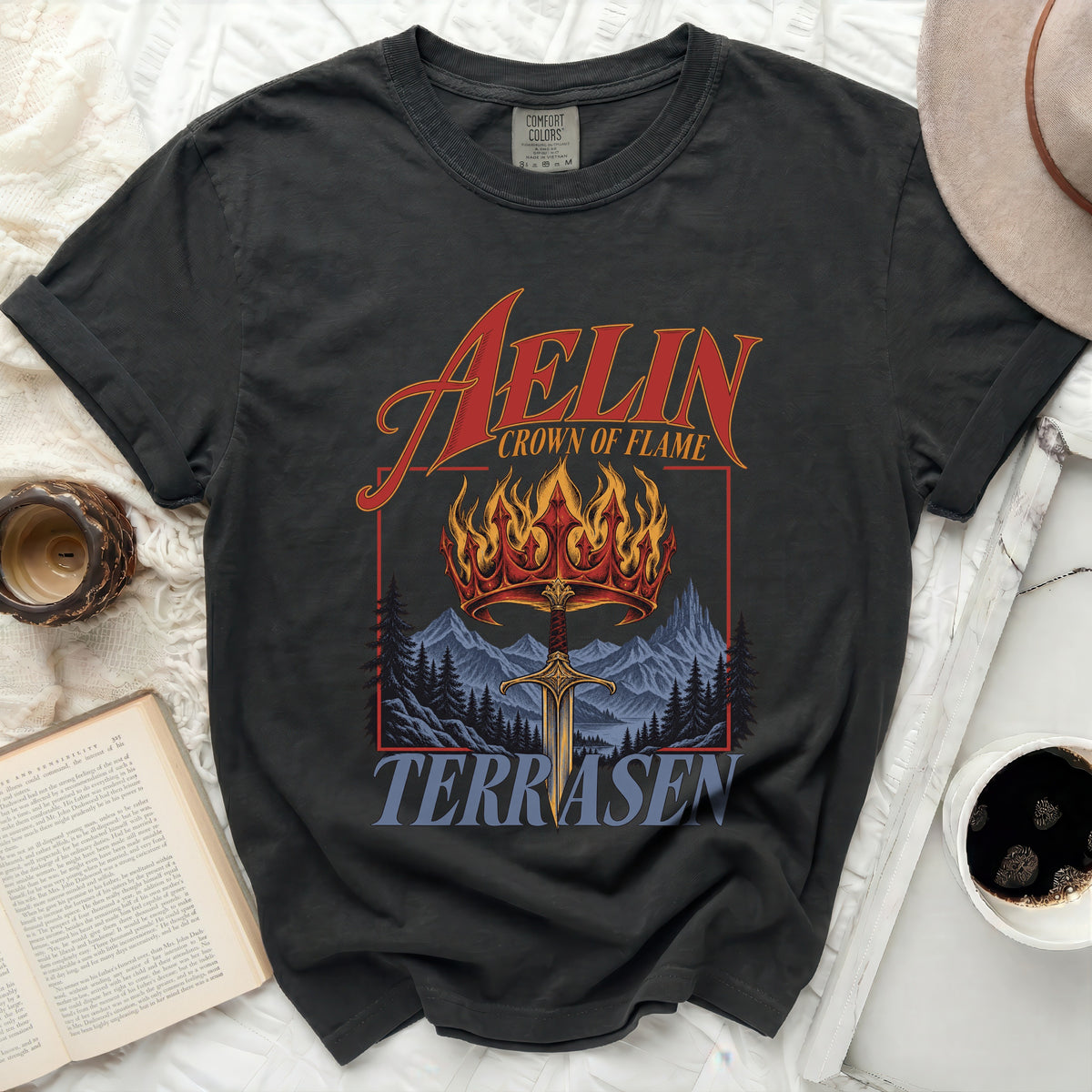 Dark t-shirt with Aelin Crown of Flame and Terrasen text and crown graphic.