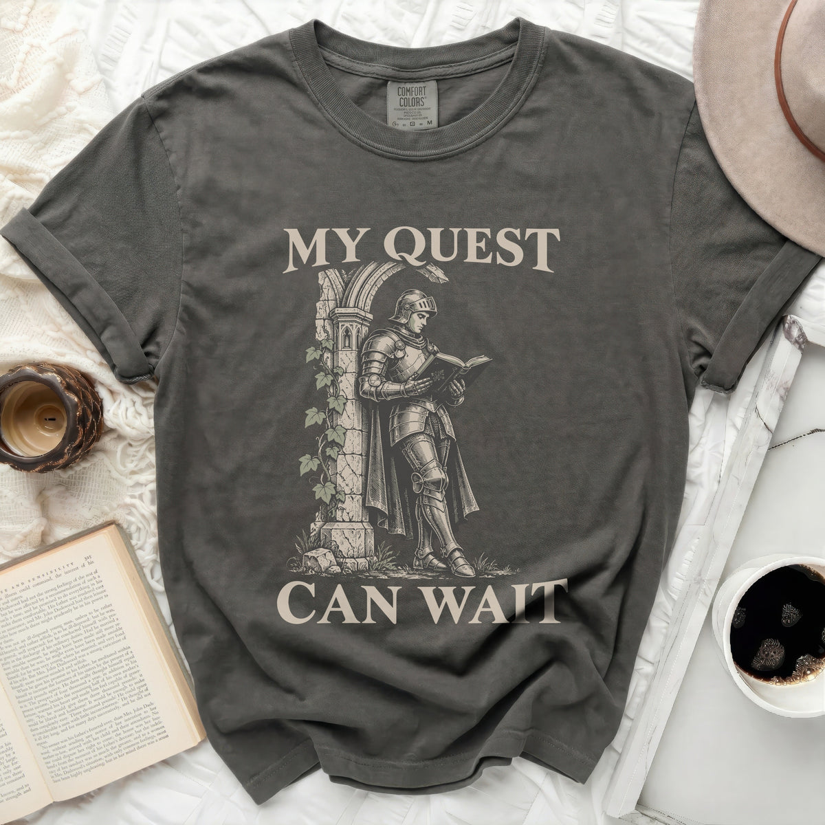 Gray t-shirt with knight reading, "My Quest Can Wait" text.