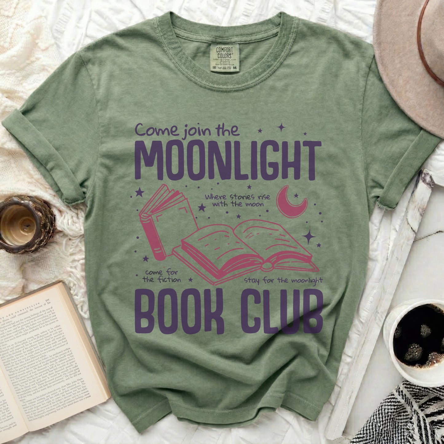 Green Comfort Colors t-shirt with "Come join the MOONLIGHT BOOK CLUB" graphic.