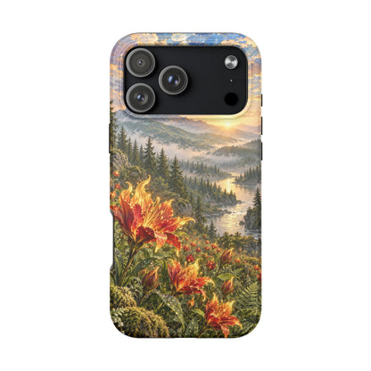 A phone case featuring a landscape print with glowing orange flowers, a winding river, and misty mountains at sunset.
