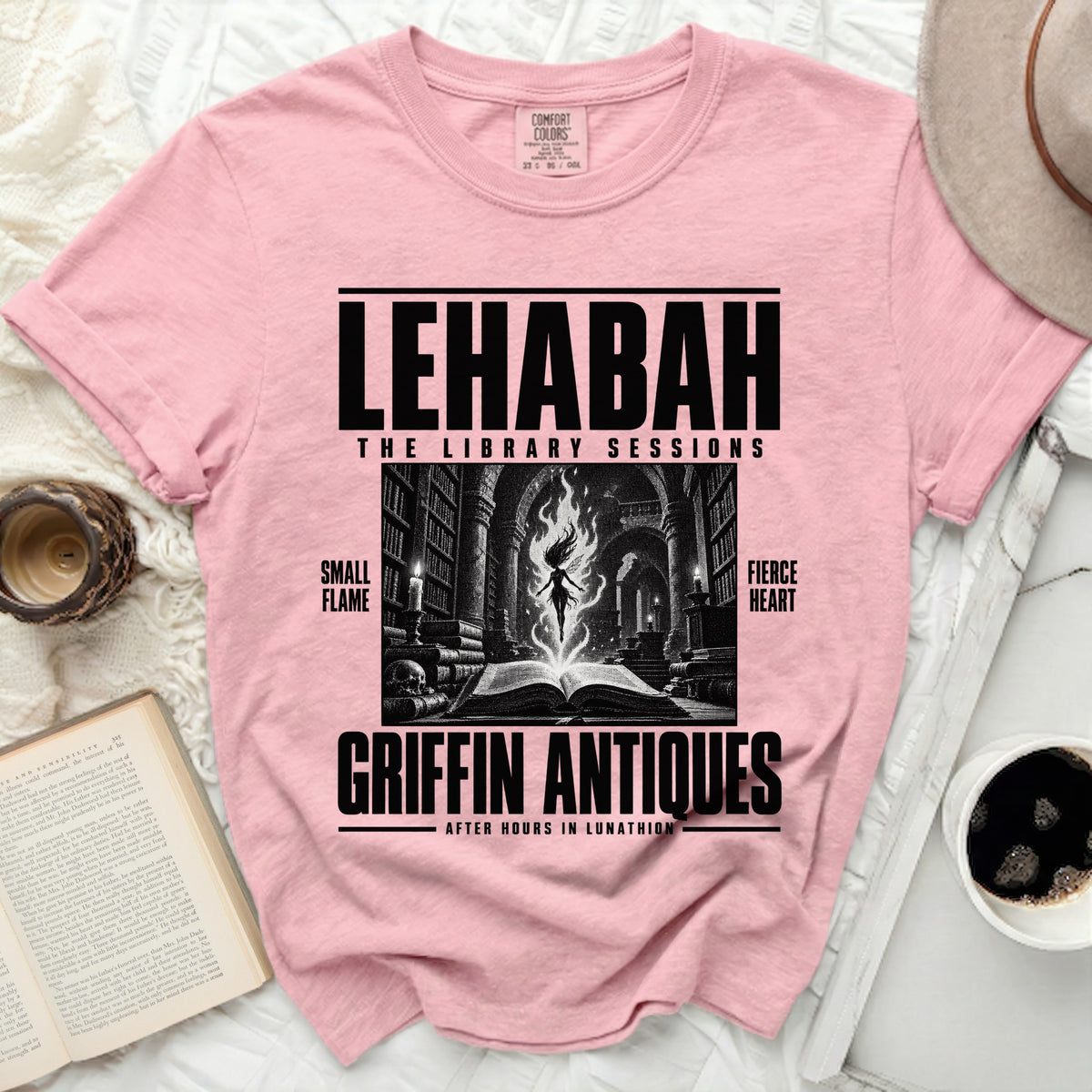 Pink t-shirt with "LEHABAH THE LIBRARY SESSIONS" and "GRIFFIN ANTIQUES" graphics.