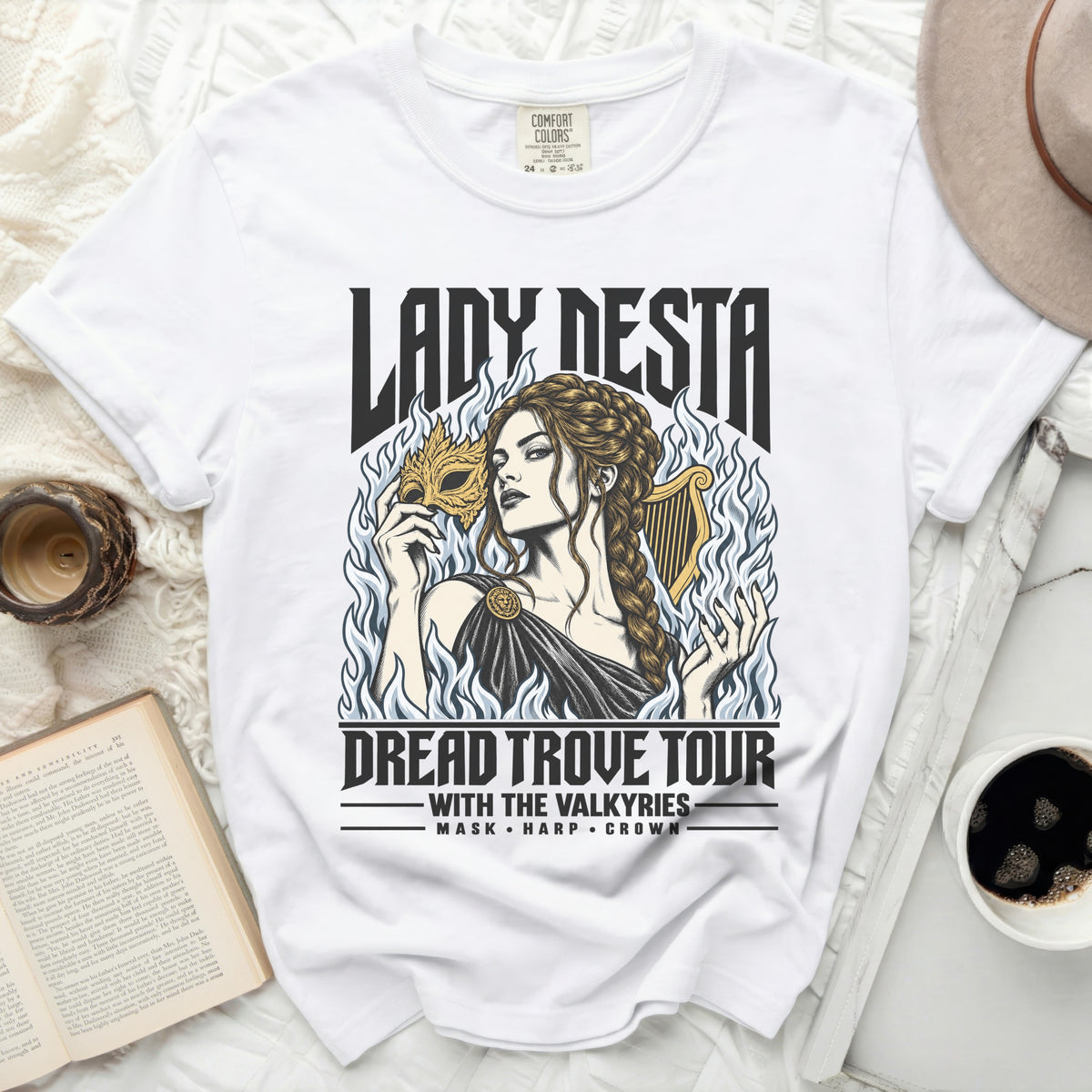 White t-shirt with "Lady Desta Dread Trove Tour" graphic.