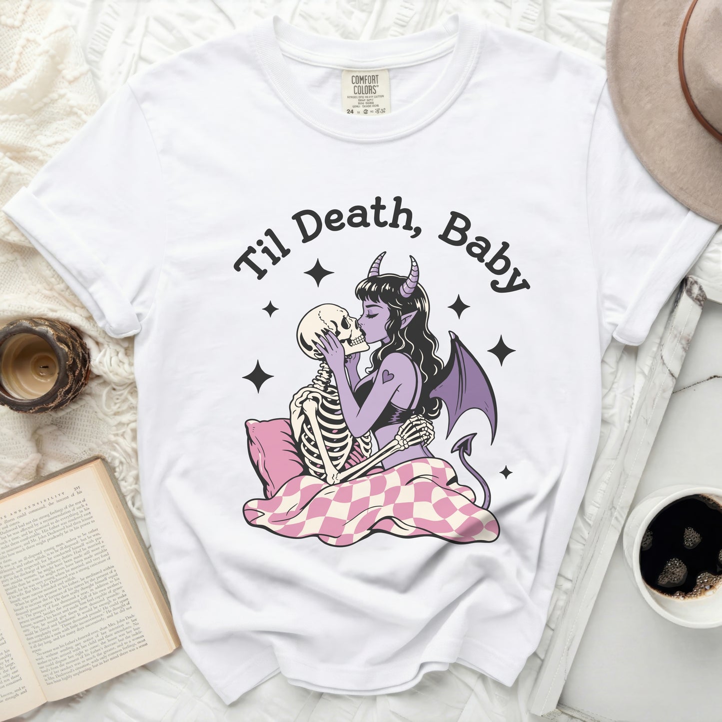 White t-shirt with "Til Death, Baby" and skeleton couple graphic.