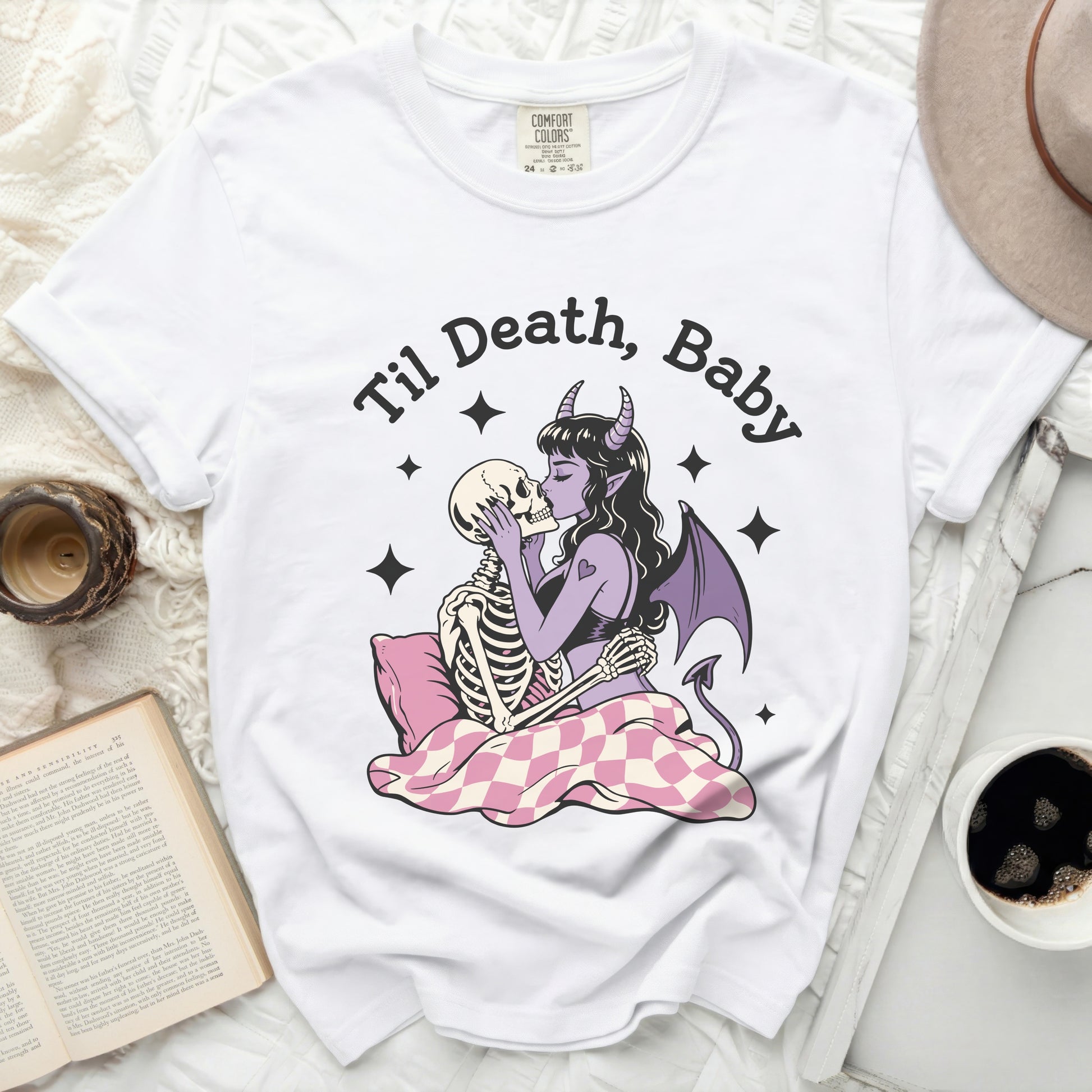 White t-shirt with "Til Death, Baby" and skeleton couple graphic.