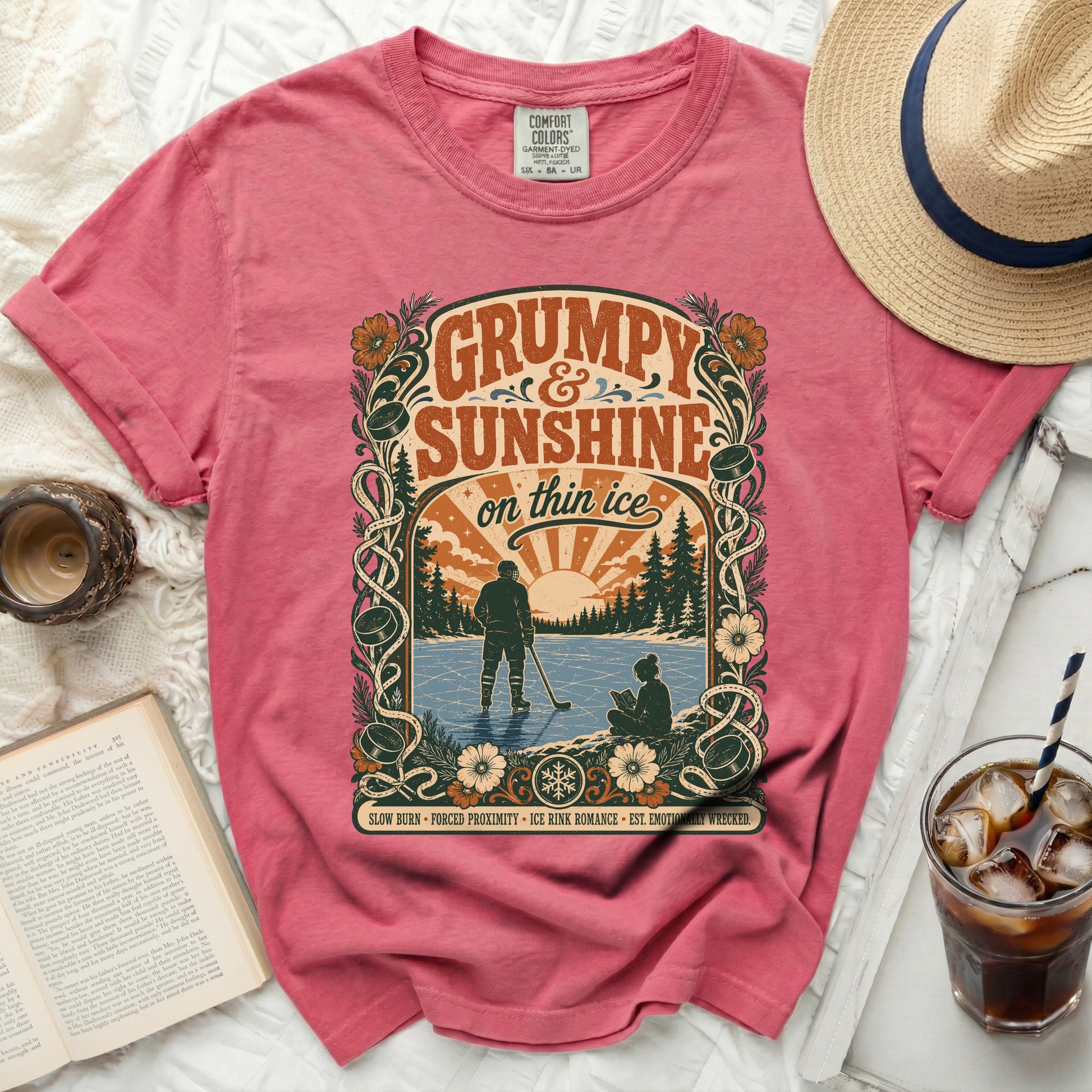Grumpy Sunshine on thin ice graphic t-shirt with hockey scene.