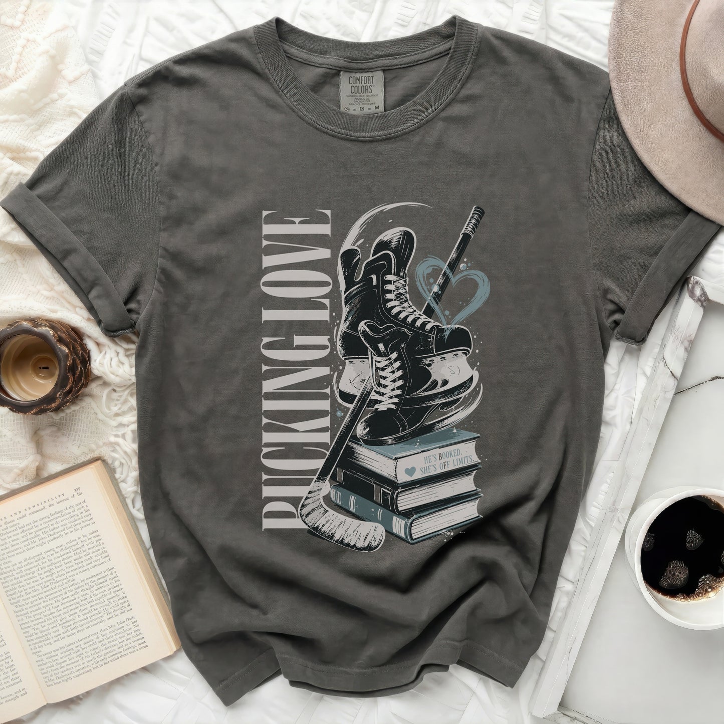 Dark grey t-shirt with "PUCKING LOVE" and hockey graphics.