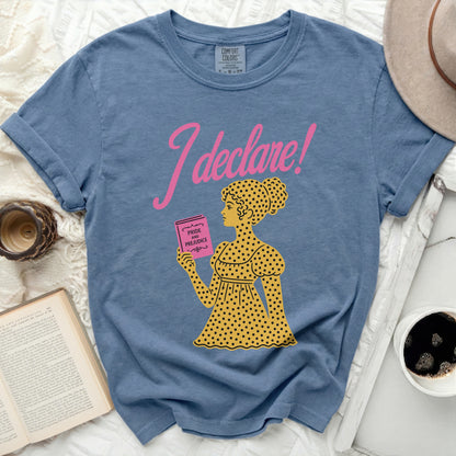 Blue t-shirt with "I declare!" and woman holding "Pride and Prejudice"