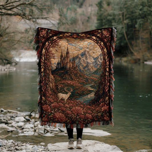 A person stands in front of a large, ornate tapestry depicting a castle and a deer in a mountainous landscape, with a river flowing through the scene.