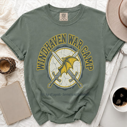 Sage green t-shirt with "Windhaven War Camp" and crossed swords graphic.