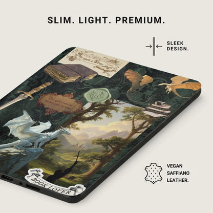 Book lover design case featuring dragons, a sword, and quote: "The spell could be broken only by love."
