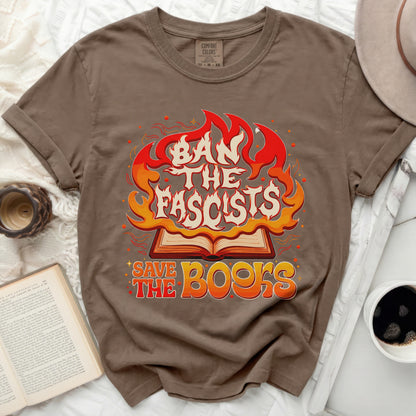 Brown t-shirt with "Ban The Fascists Save The Books" graphic.