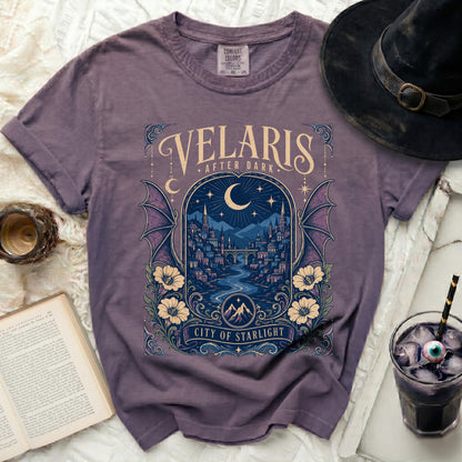 Purple t-shirt with "Velaris After Dark City of Starlight" graphic.