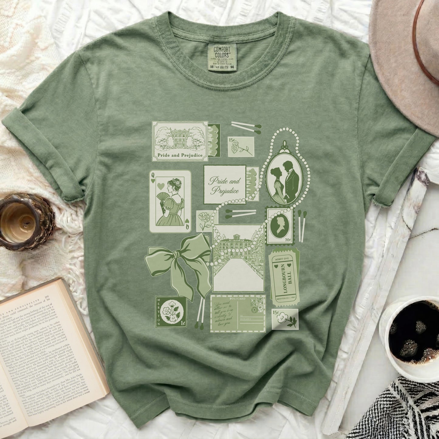 Green t-shirt with regency-themed "Pride and Prejudice" illustrations.