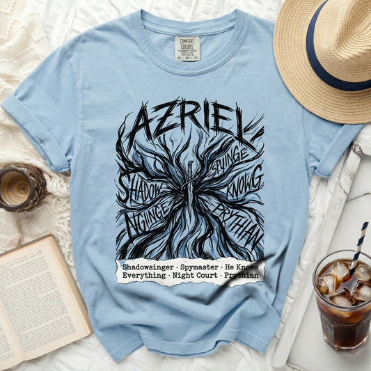 Light blue t-shirt with "AZRIEL" and fantasy terms design.