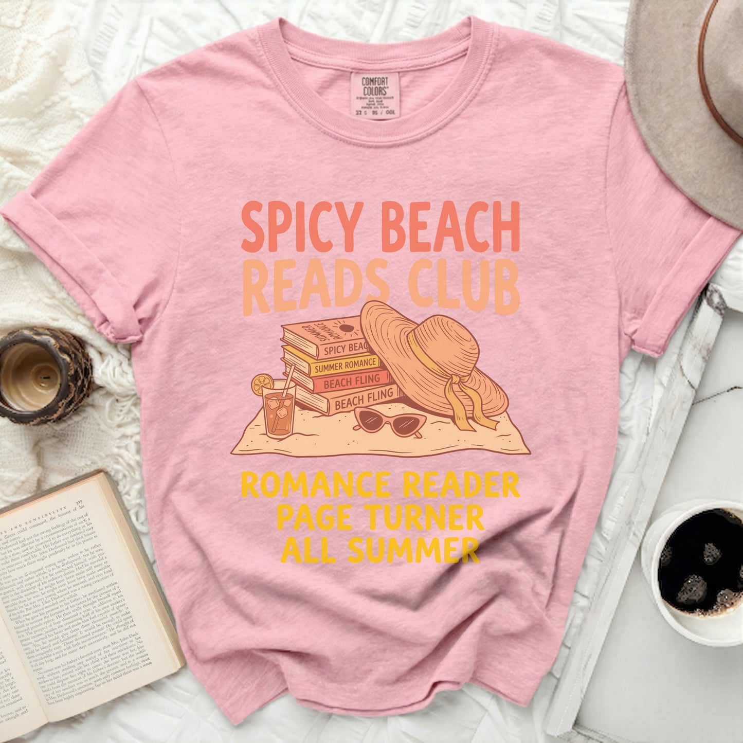 Pink t-shirt with "Spicy Beach Reads Club" and "Romance Reader Page Turner All Summer" text.