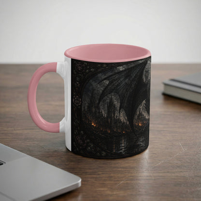 Mug with pink handle features a dark gothic castle scene with dragon wings.