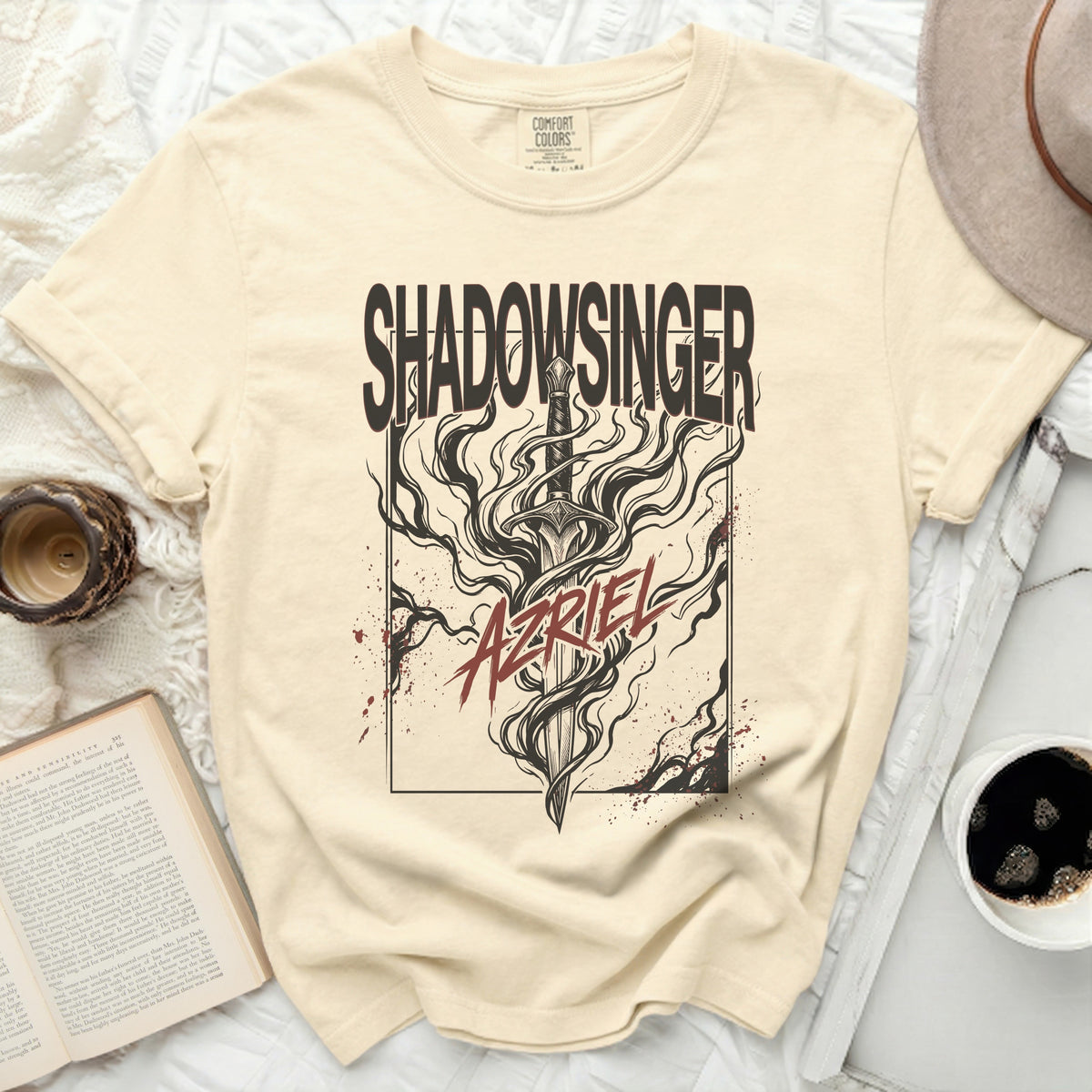 Comfort Colors t-shirt with "SHADOWSINGER AZRIEL" graphic.