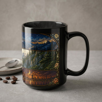 Black mug with stained-glass style panels depicting landscapes of mountains, forest, and city skyline.