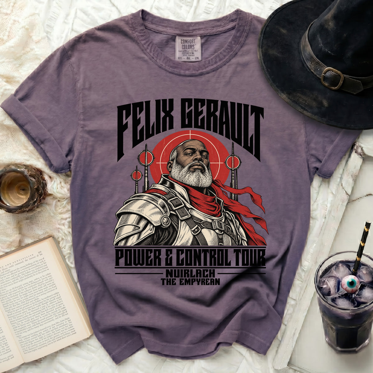 Purple Comfort Colors t-shirt with Felix Gérault "Power & Control Tour" graphic.