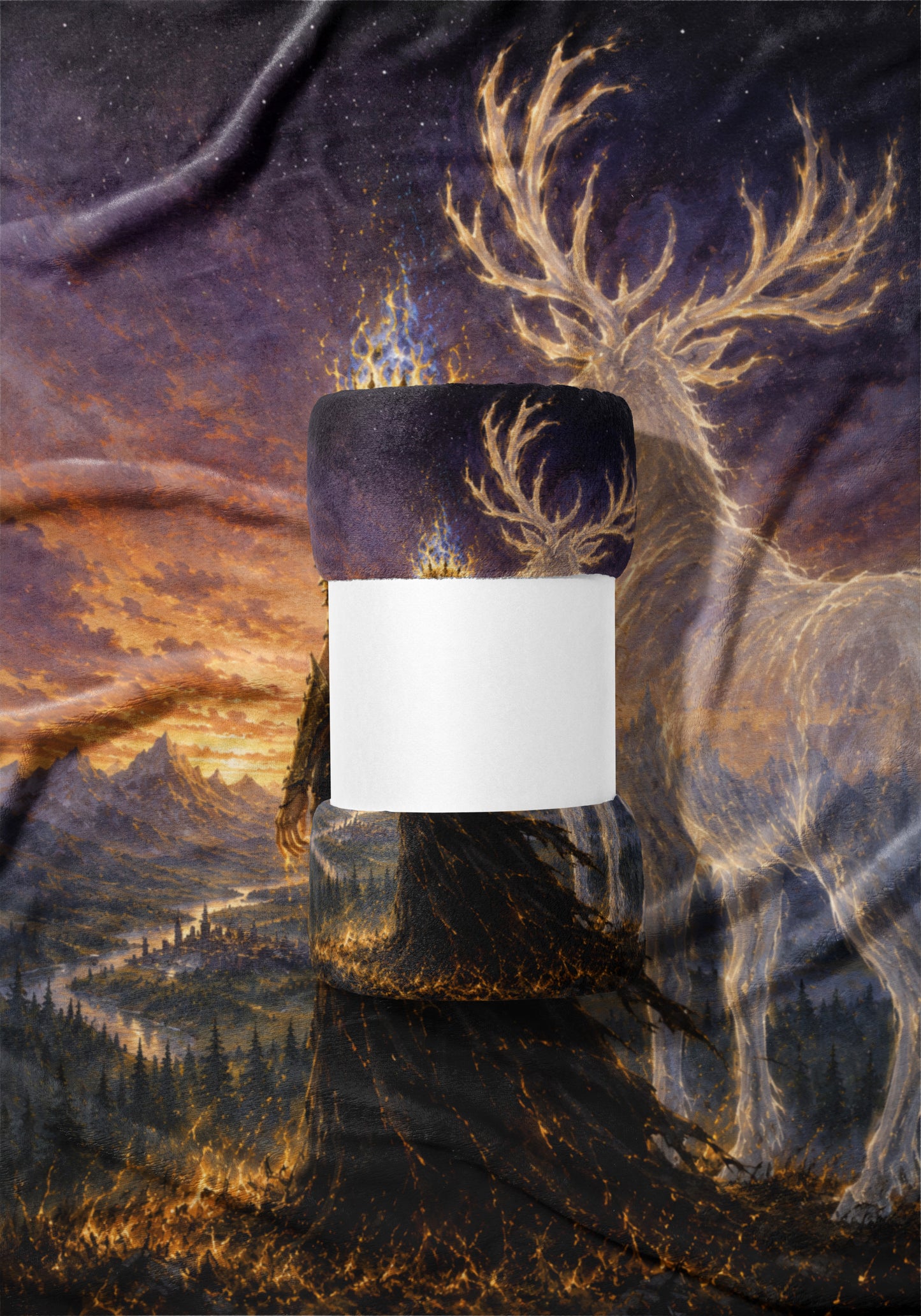 Rolled blanket with fantasy art of a stag and fiery landscape.