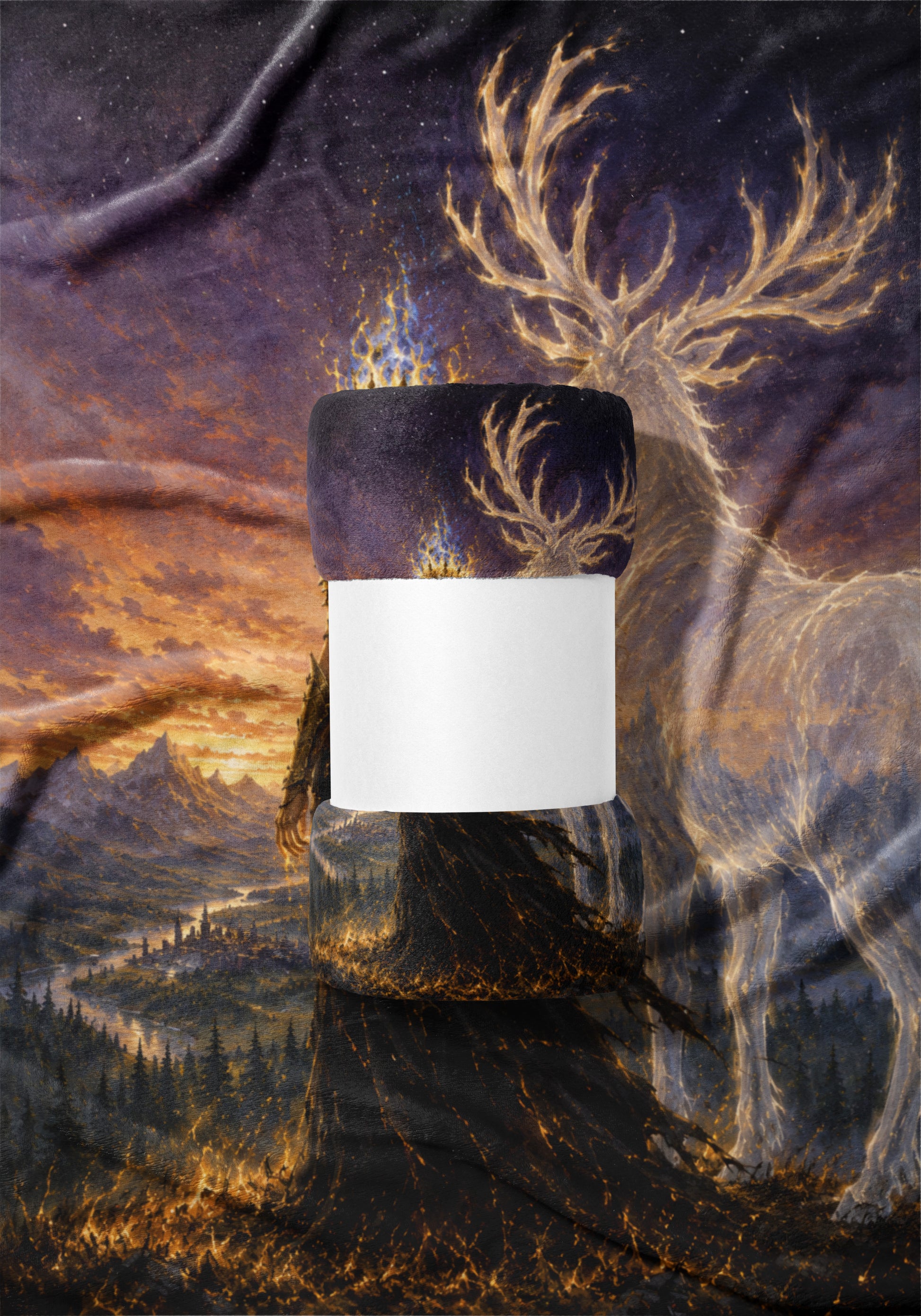 Rolled blanket with fantasy art of a stag and fiery landscape.