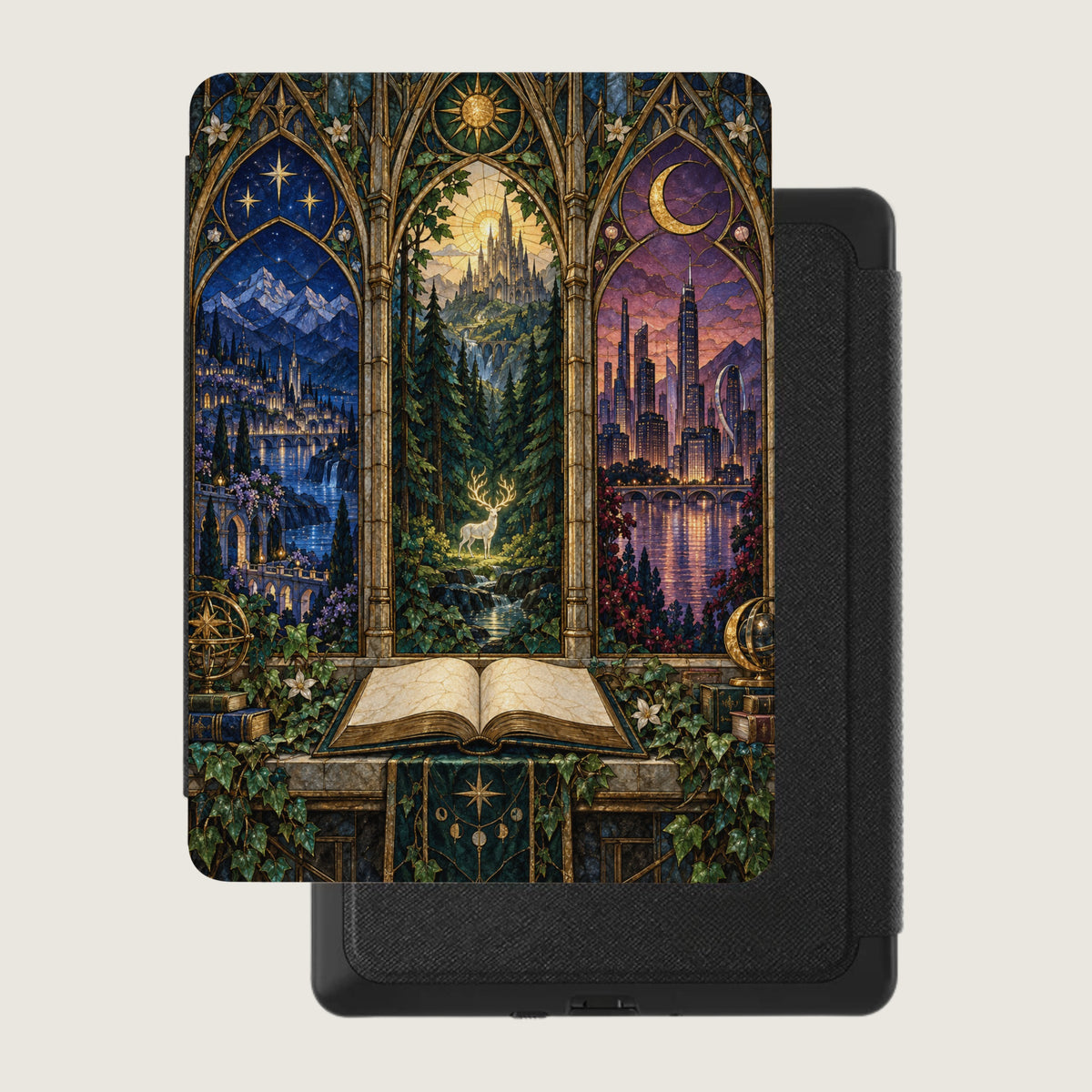 Open book with a stained-glass window depicting a starry night, a forest, and a city.