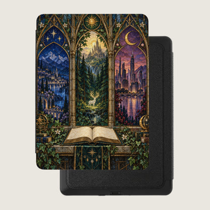 Open book with a stained-glass window depicting a starry night, a forest, and a city.