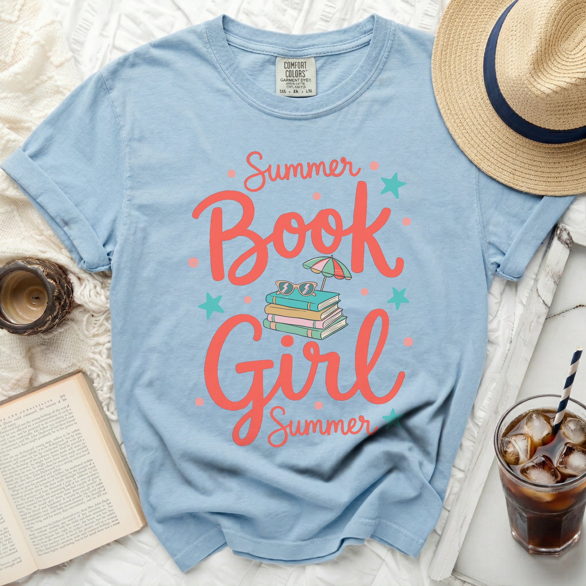 Light blue t-shirt with "Book Girl Summer" text and books graphic.