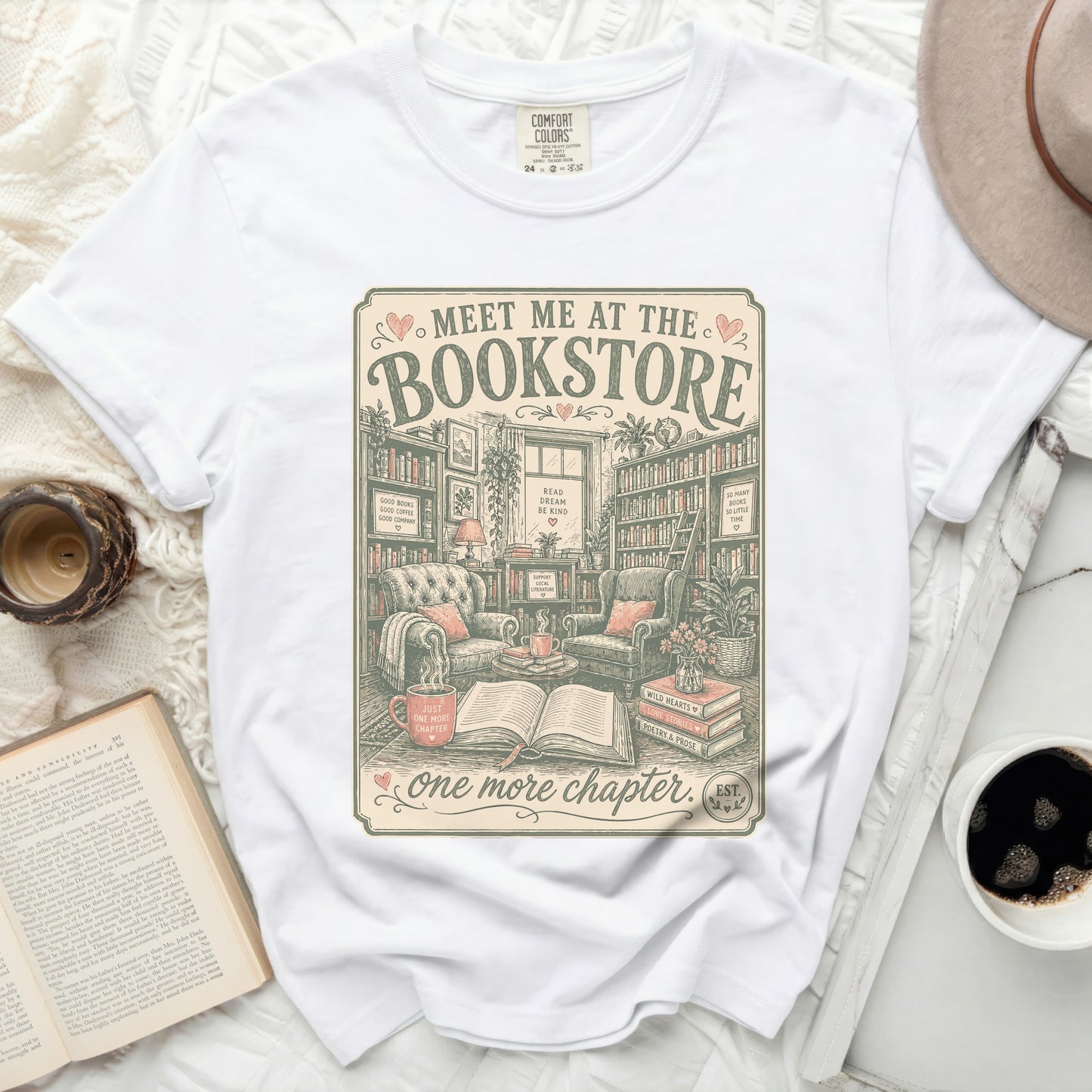 T-shirt with vintage bookstore graphic and text "Meet me at the Bookstore."