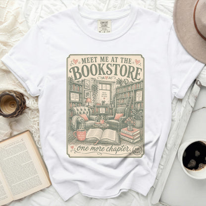 T-shirt with vintage bookstore graphic and text "Meet me at the Bookstore."