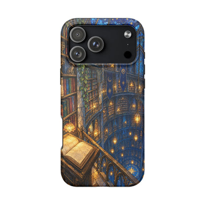 Smartphone case featuring a magical fantasy library design with glowing lanterns and tall bookshelves.
