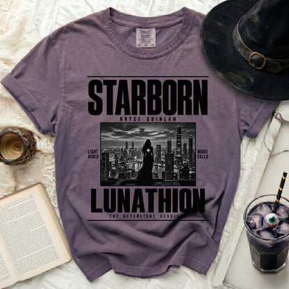Purple t-shirt with "Starborn Bryce Quinlan Lunathion The Afterlight Sessions" text and graphic.