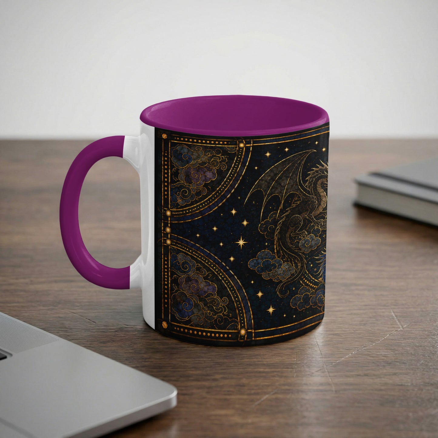 White mug with purple handle and a dark blue, gold-accented dragon and celestial design.