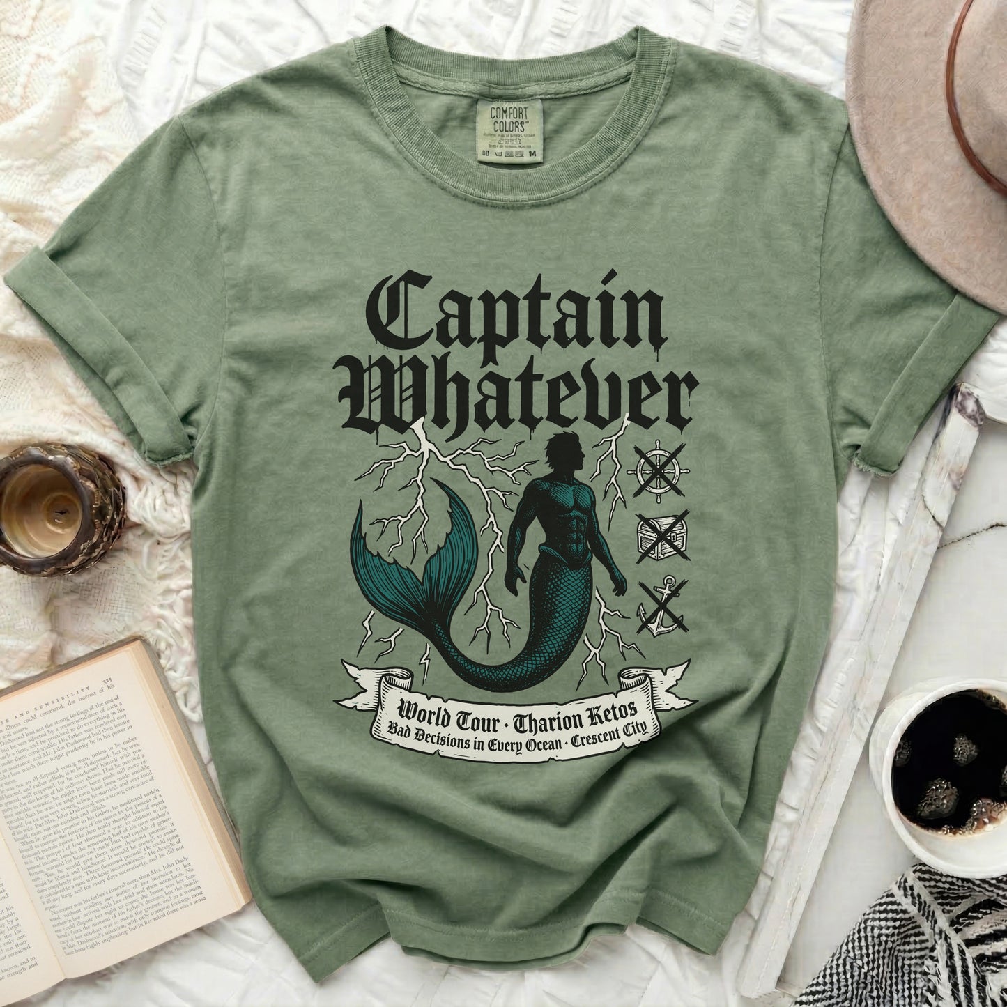 T-shirt with "Captain Whatever" and mermaid graphic, world tour text.