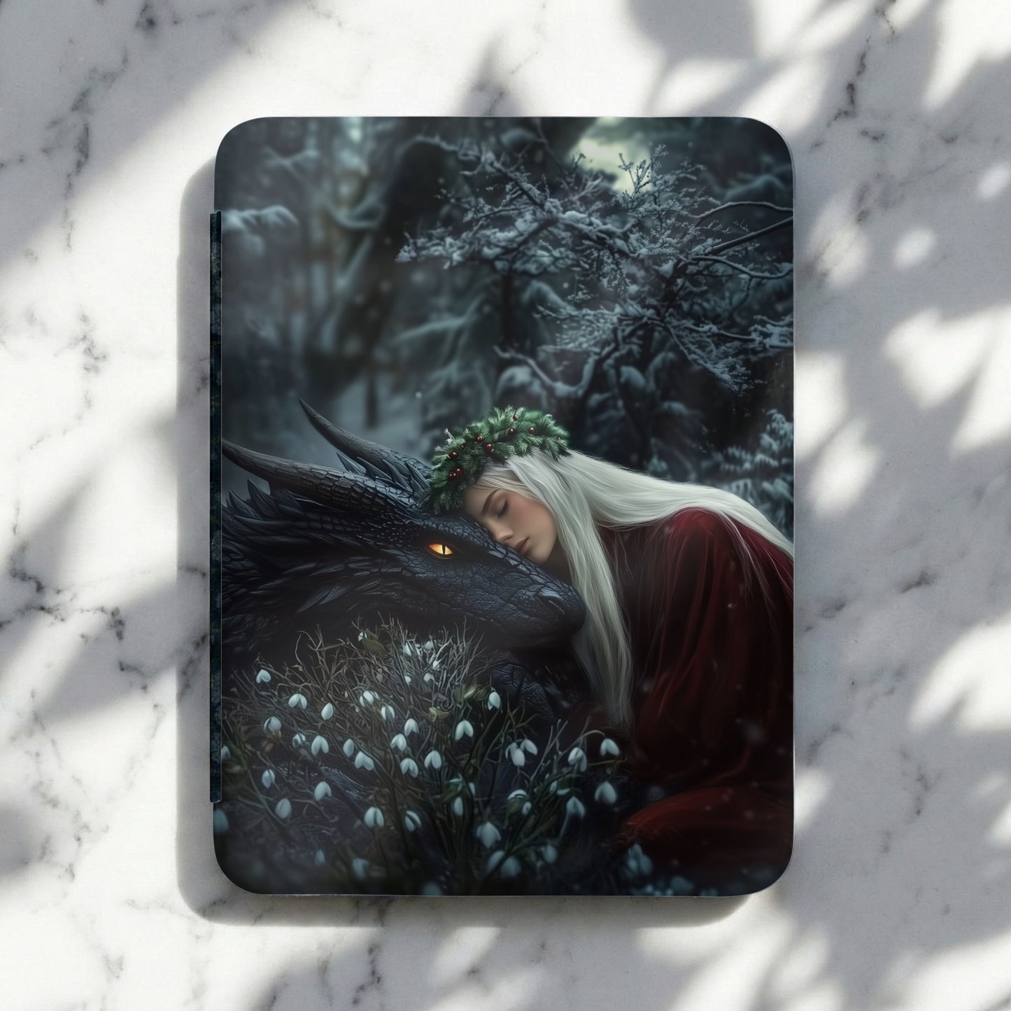 Serene Blonde Woman Dragon Winter Forest Snowdrops Fantasy product type