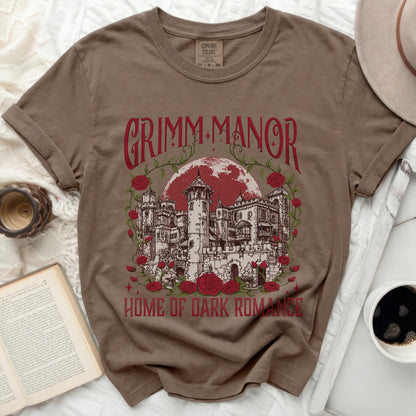 T-shirt with Grimm Manor and roses graphic and "Home of Dark Romance" text.