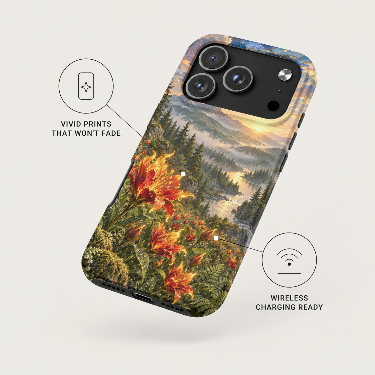 An angled view of a phone case featuring a landscape painting with vibrant red lilies, mountains, and a sunset river scene, accompanied by feature callouts.