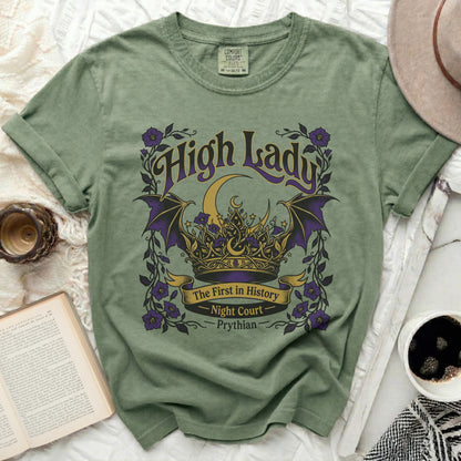 Green Comfort Colors t-shirt with "High Lady The First in History Night Court Prythian" text.