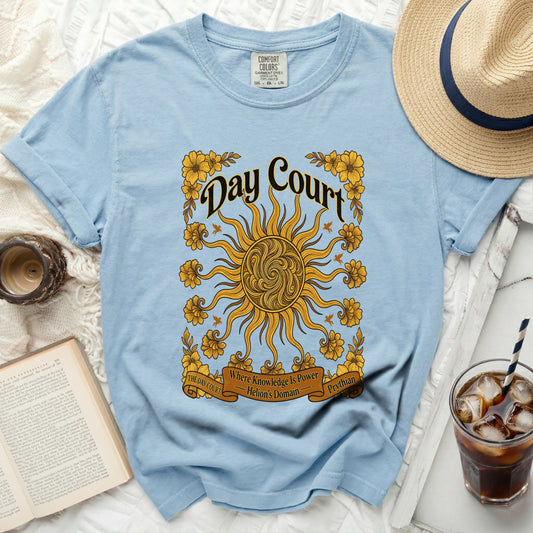 Light blue t-shirt with "Day Court" text, sun graphic, and flowers.
