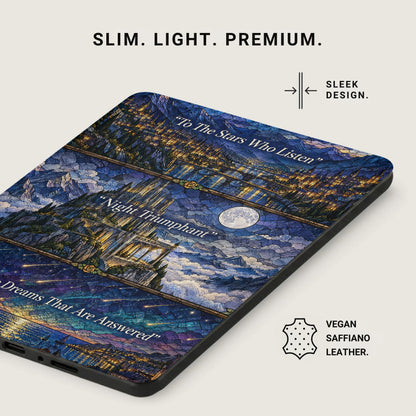 A Kindle e-reader in a black case features a stained glass fantasy art cover with starry night scenes and quotes.