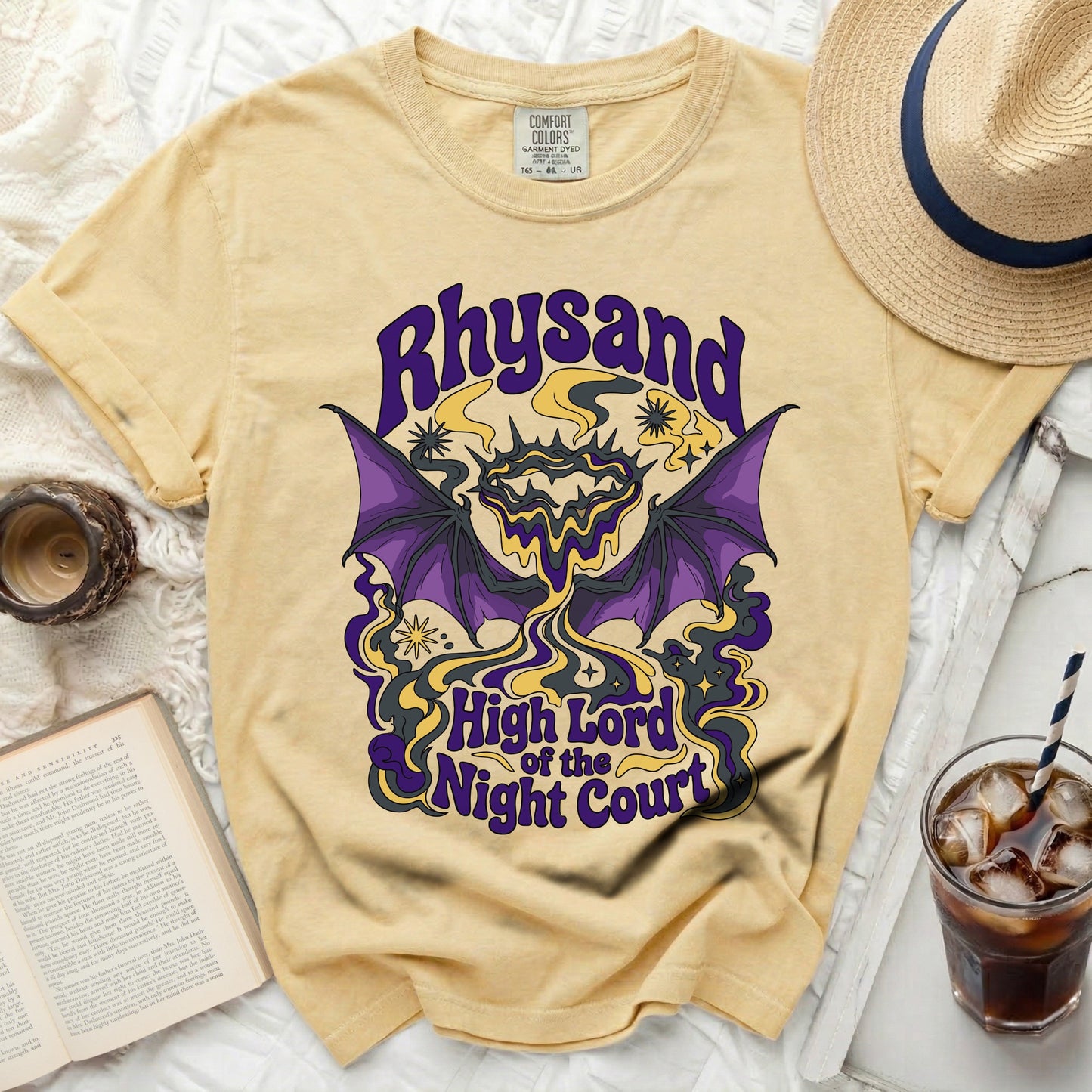 Yellow t-shirt with "Rhysand High Lord of the Night Court" graphic.