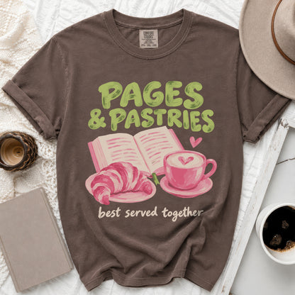 Brown t-shirt with "PAGES & PASTRIES best served together" text and illustration.