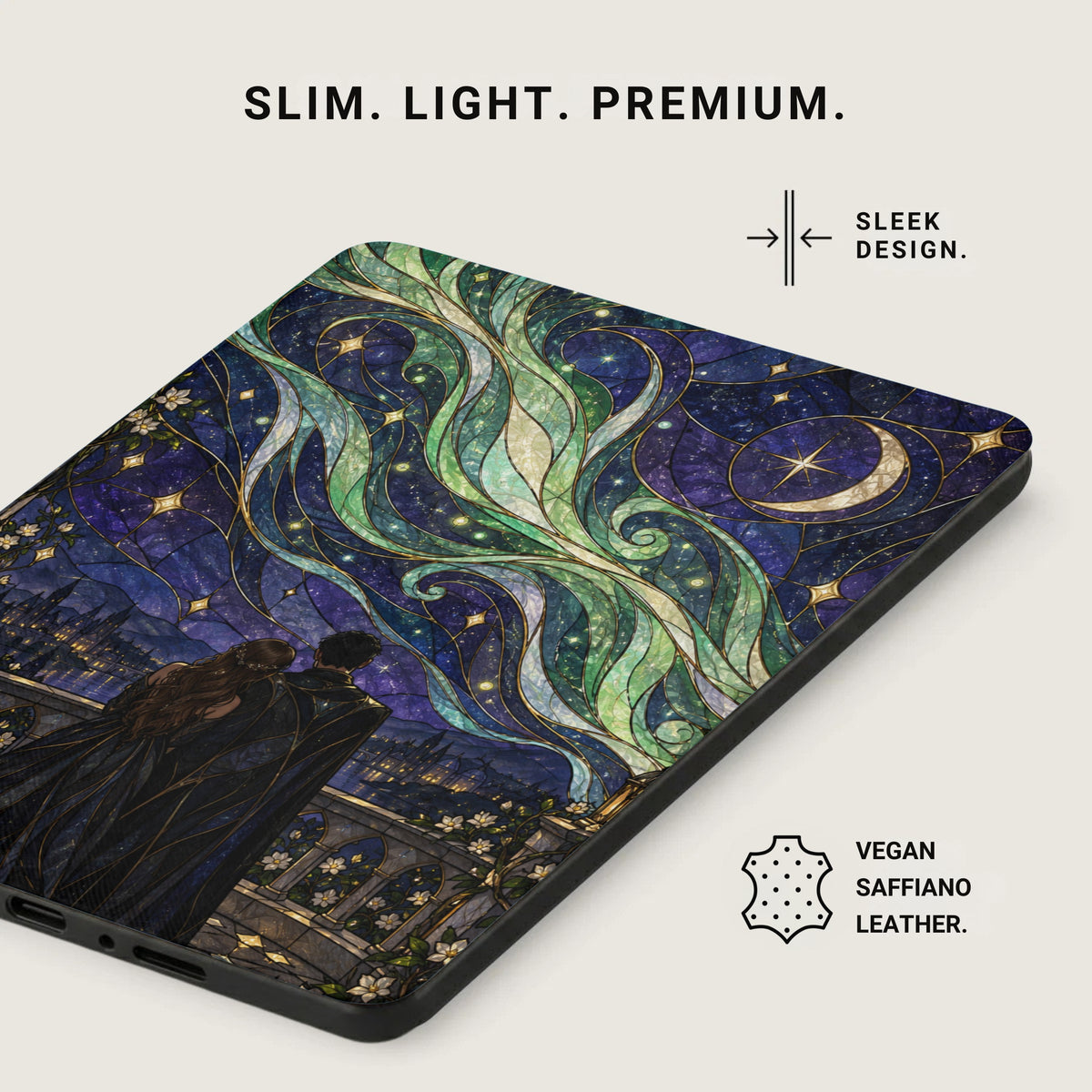 Phone case with stained glass starry night design and couple gazing at cityscape.