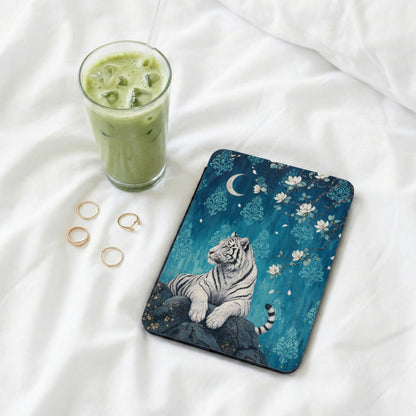 Tablet case with white tiger design on a blue background with flowers and moon.