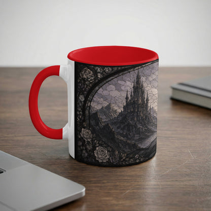 White mug with red handle featuring gothic castle and roses design.