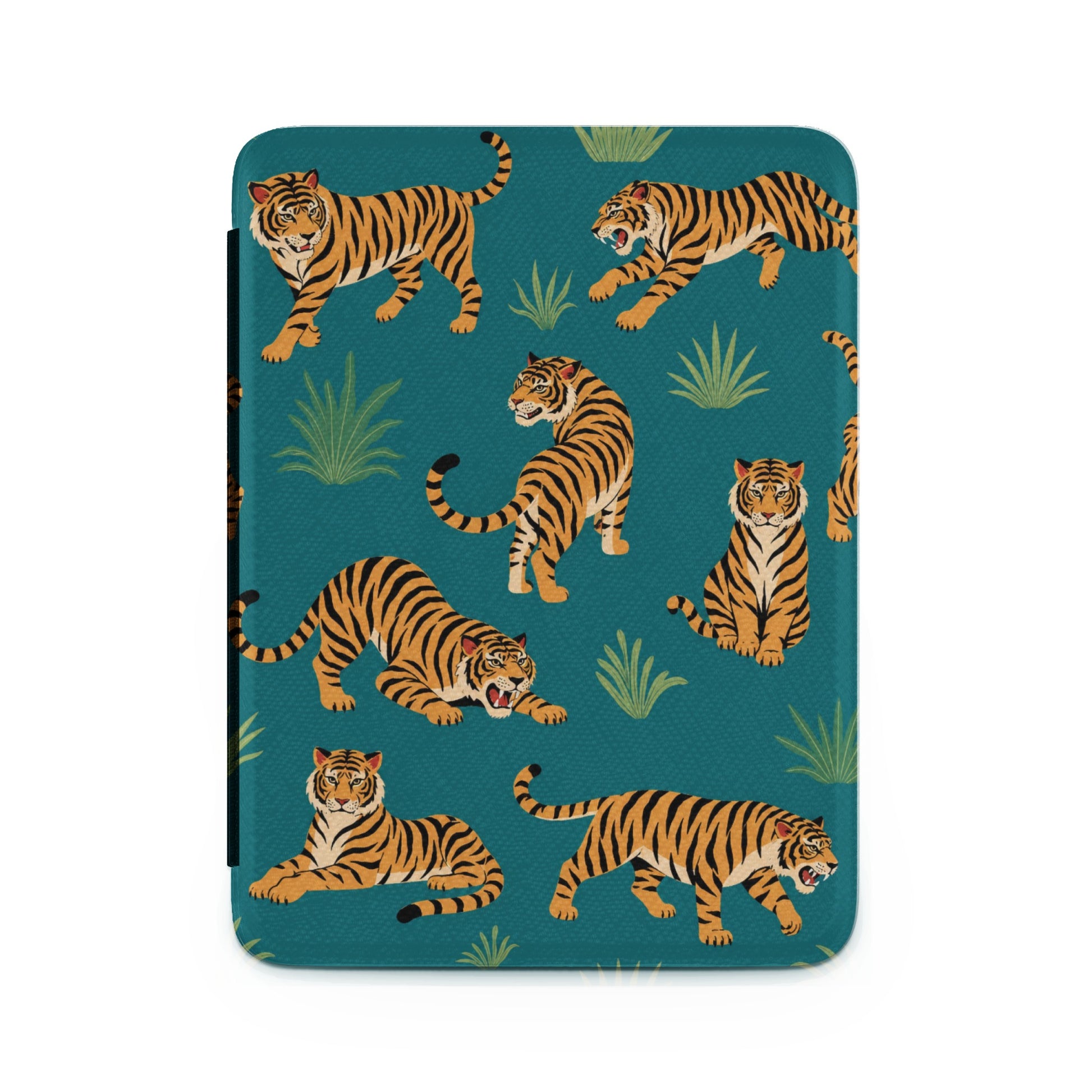 Digital illustration of tigers on a teal background with green foliage.