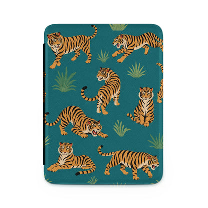 Digital illustration of tigers on a teal background with green foliage.