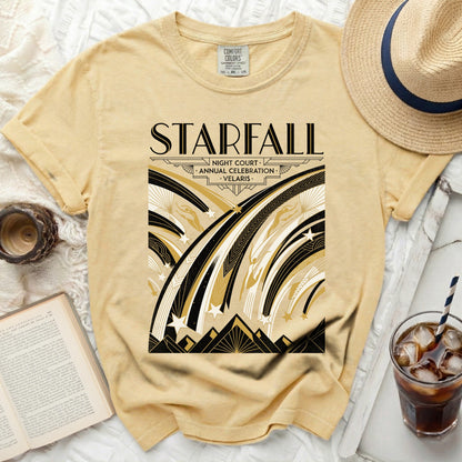 Yellow t-shirt with "Starfall Night Court Annual Celebration Velaris" text and celestial art.